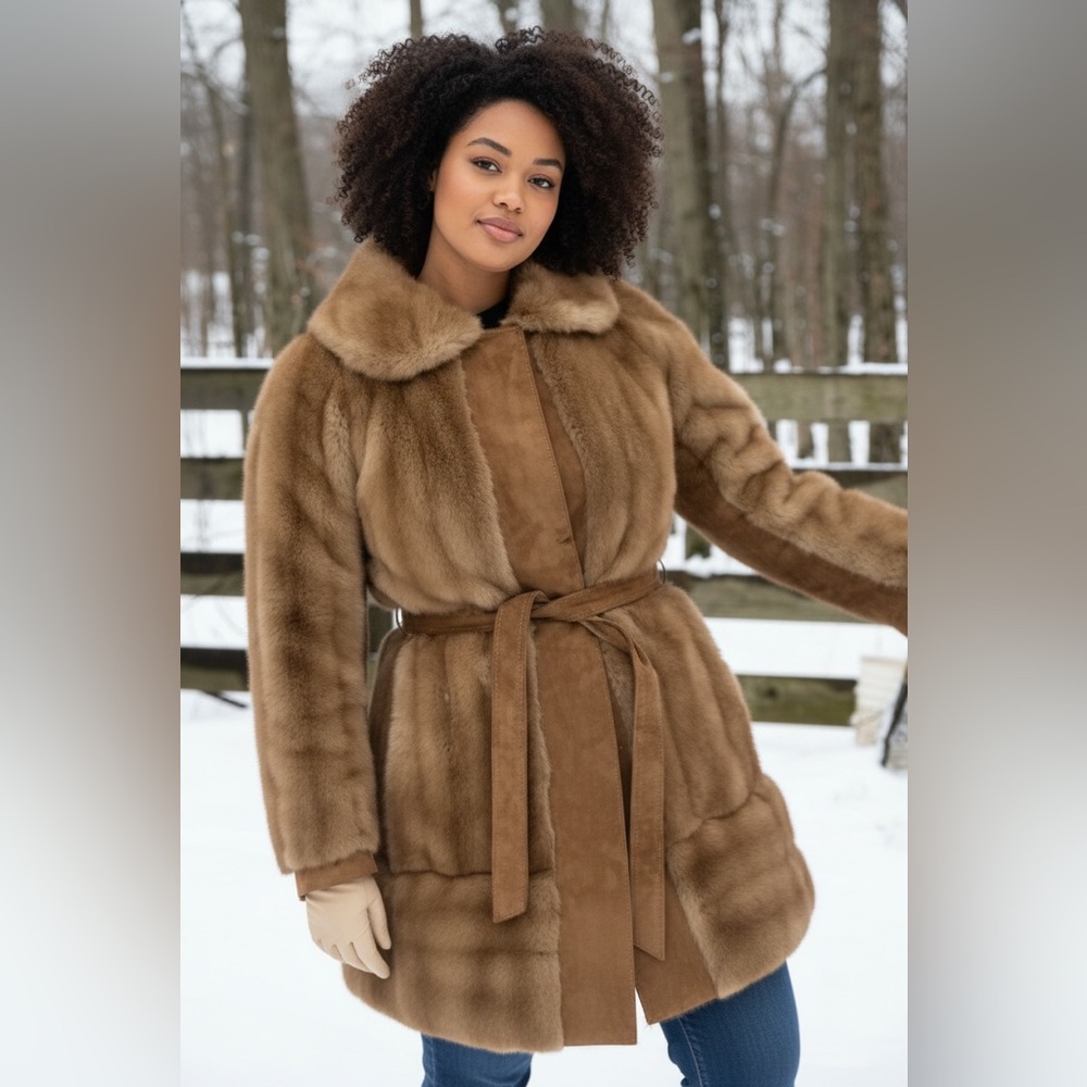 Vintage 1960s Lillian Ann Faux Fur Coat, Fits Medium/Large, Genuine Leather Trim